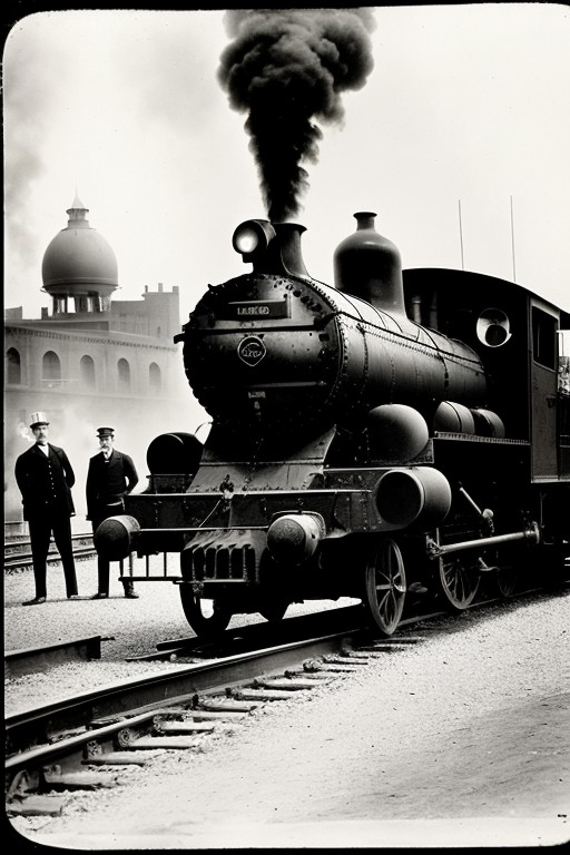 barnum, locomotive|submarine, 1890, (circus sideshow in background:1.1), smoke, mist